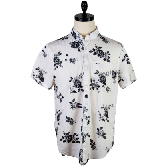 Hollister Epic Flex Floral Button-Up Shirt White Gray L Short Sleeve Stretch - Picture 1 of 7